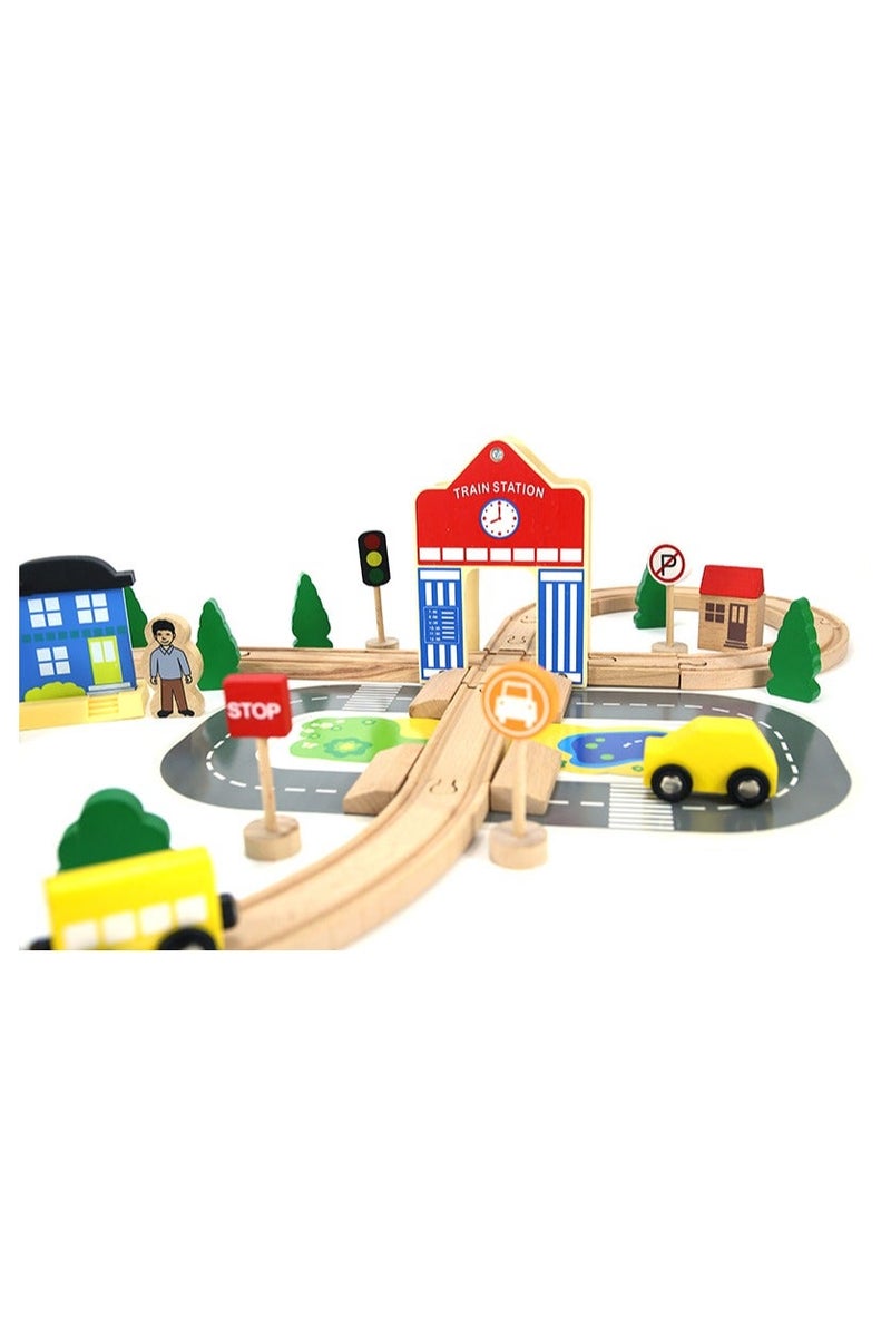 Wooden Train Set for Kids – 50 PCS Railway Track with Station, Figures & Signs | Montessori Educational Toy for Ages 3+ | Natural Safe Wood - Image 4
